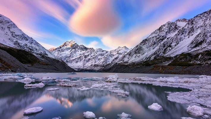 Snow covered mountains with frozen water